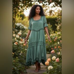 Holy Clothing Callie Midi, Teal Blue Boho Dress Size XL/1X